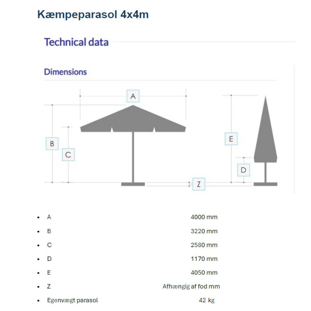 Kämp parasoll 4x4m komplett u/valance - Vitt Stativ